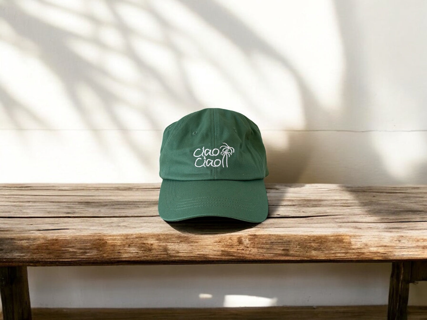 Ciao Embroidered Cap Green On Wooden Bench Lifestyle